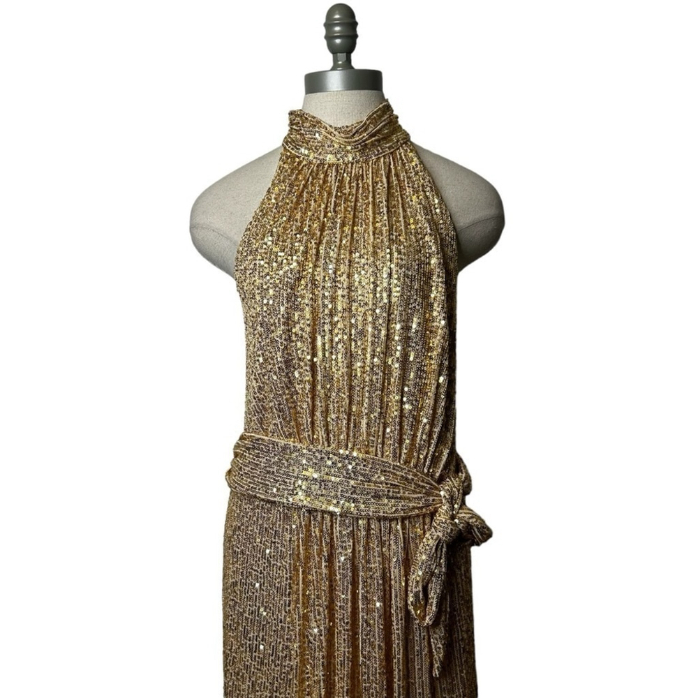 MAC DUGGAL 11281 Gold Champagne Sequin Halter Neck Belted Soft Tie Maxi Dress 14 - Picture 6 of 15